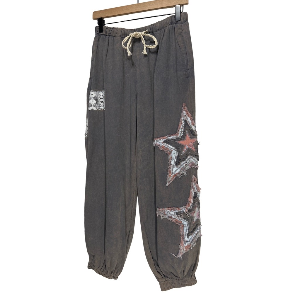 POL Clothing Star Patchwork Joggers Lace Mineral Wash Pants Gray Size Small